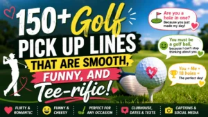 Colorful golf-themed graphic featuring funny golf pick up lines with golf ball, clubs, and romantic captions on a golf course