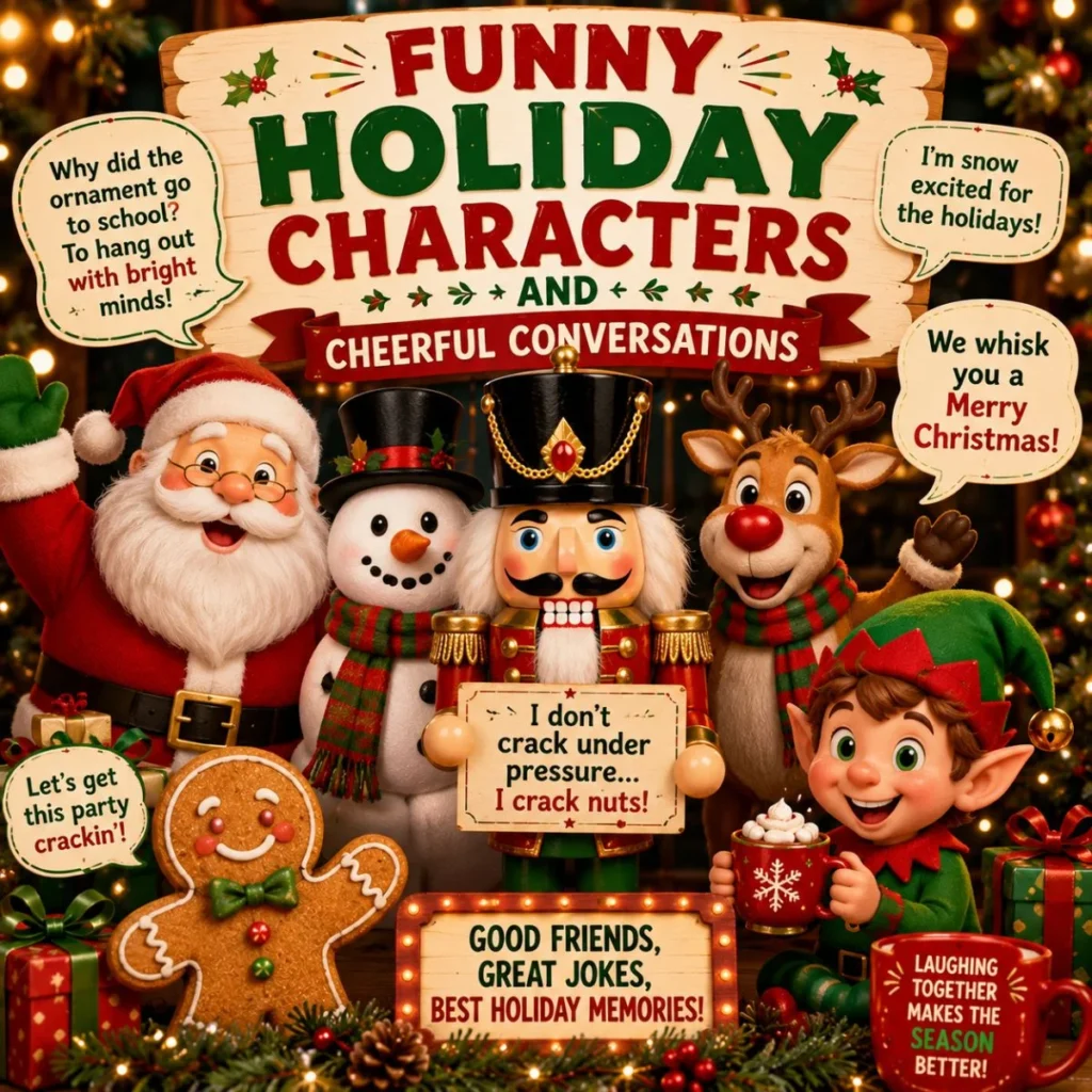 Funny holiday characters poster with Santa, nutcracker, snowman, reindeer, elf, and Christmas jokes