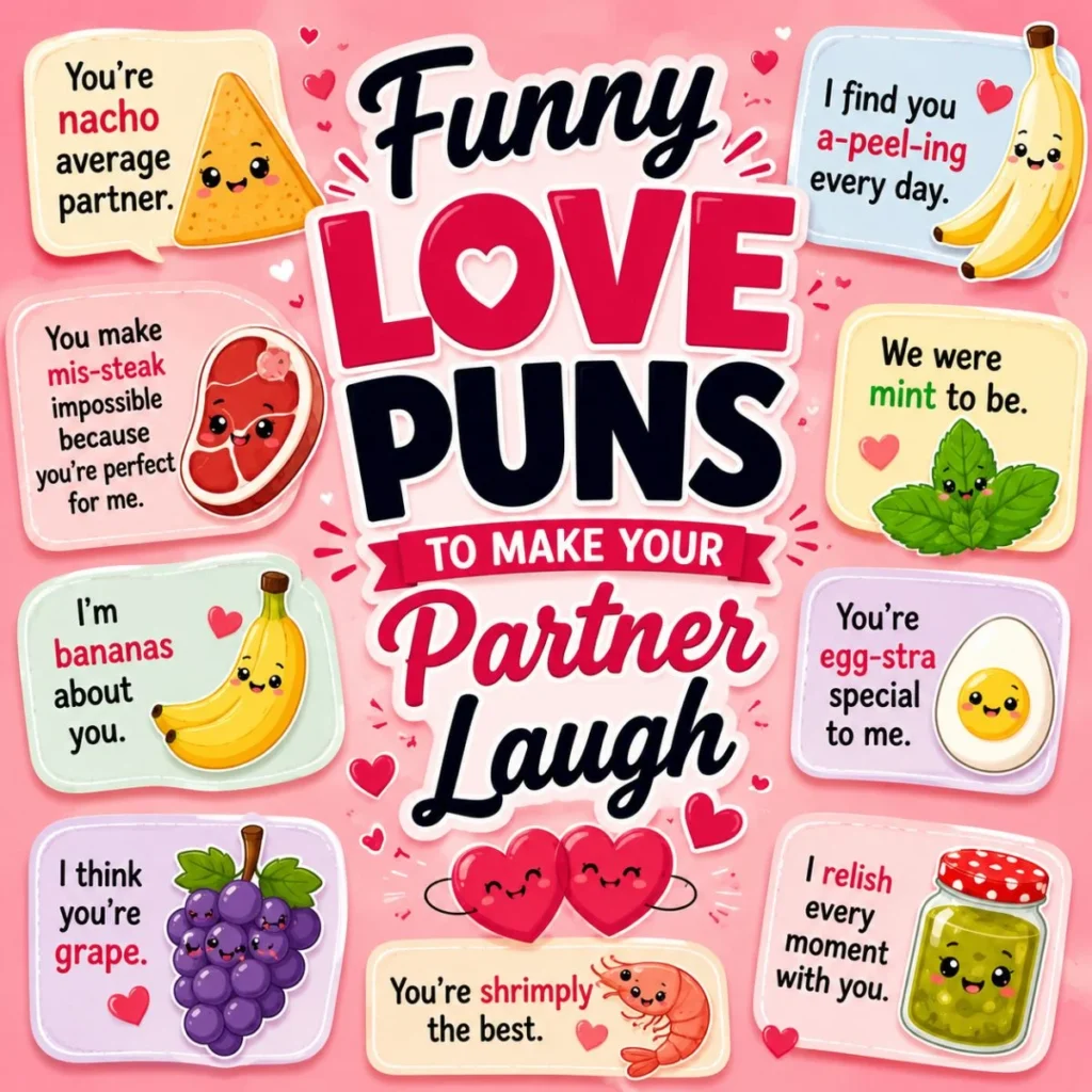 Funny love puns poster with cute food characters, hearts, and romantic wordplay