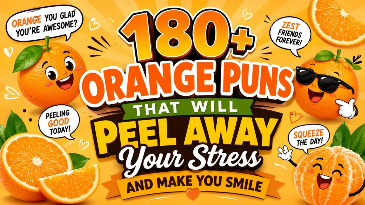 Funny orange puns banner with cartoon oranges, citrus slices, and bold playful text for fruity humor