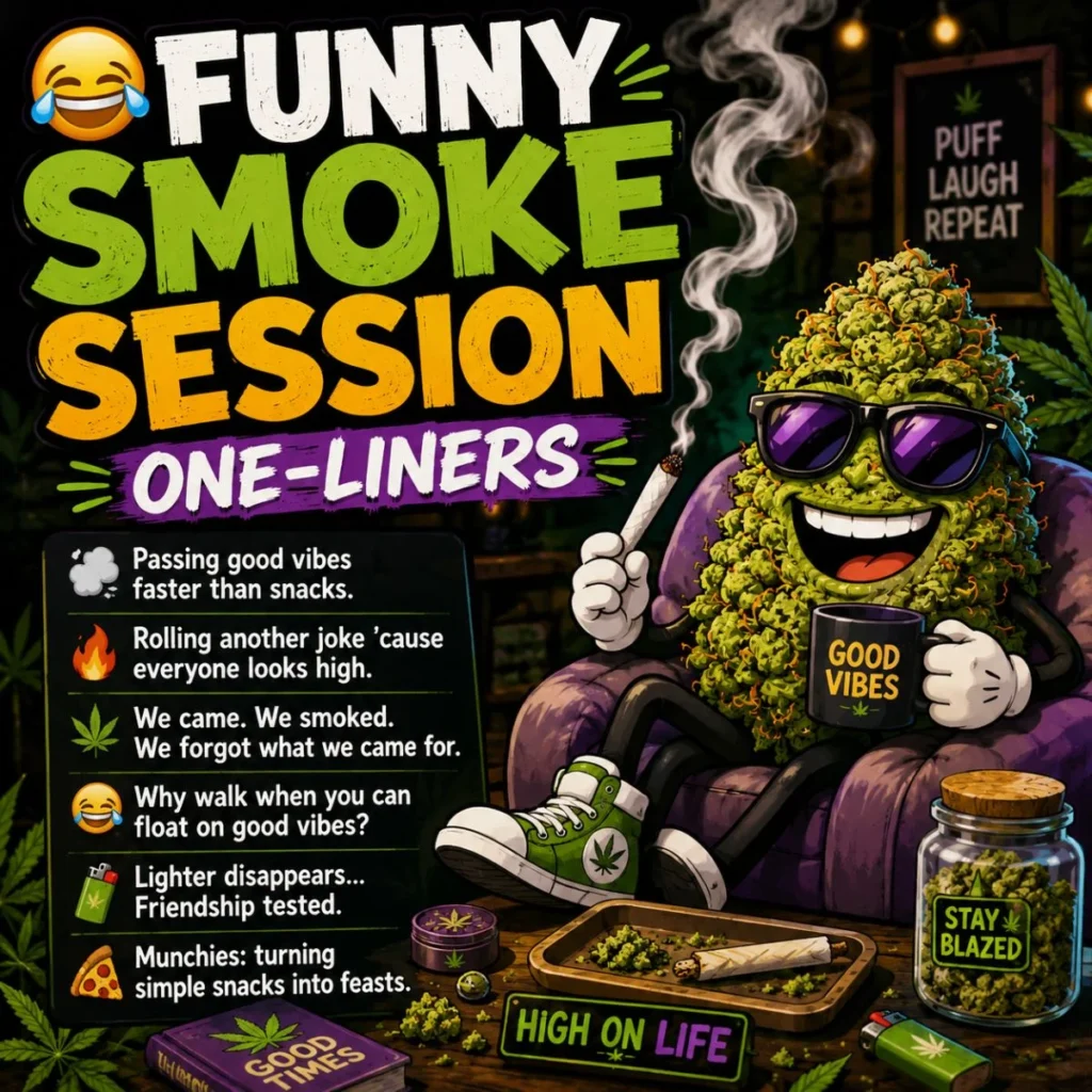 Funny smoke session one-liners poster with cartoon cannabis character, smoke effects, and chill stoner humor