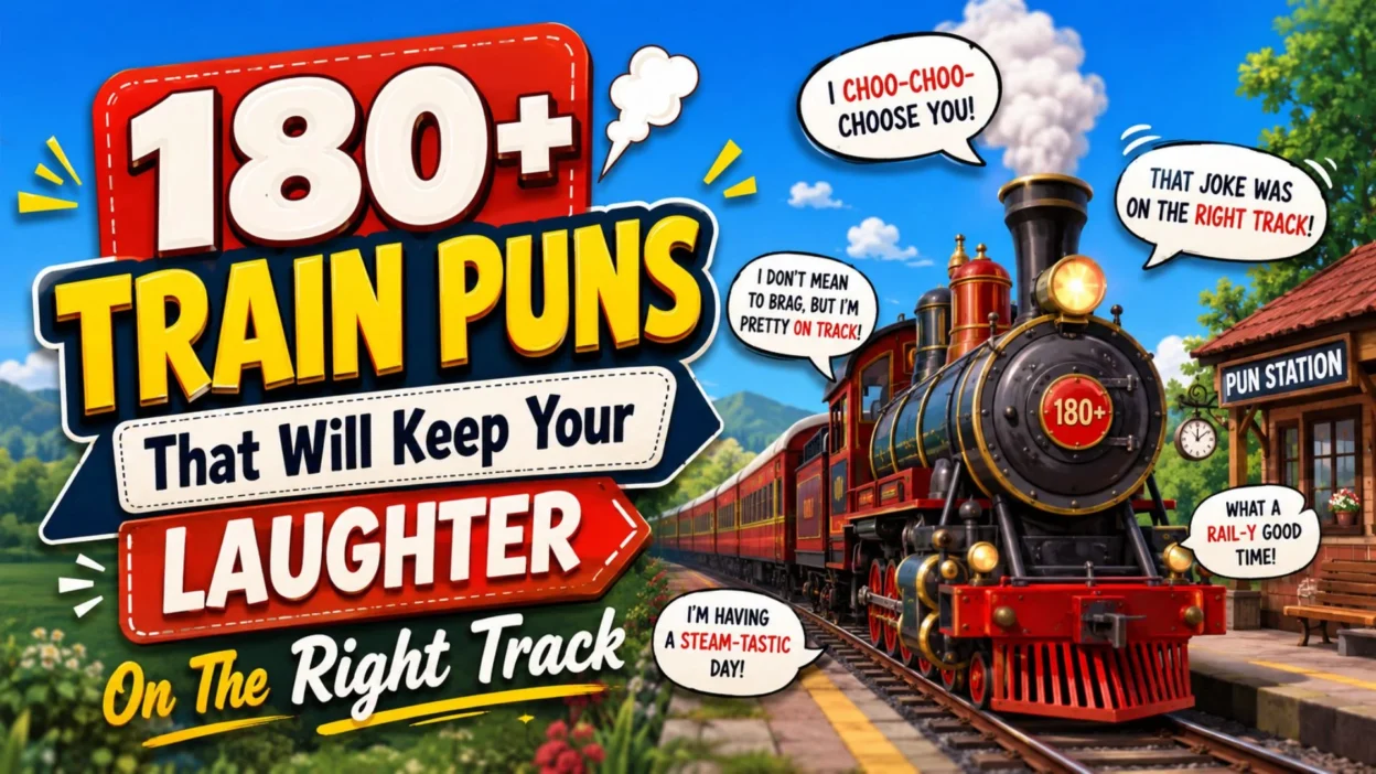 Funny train puns banner with cartoon steam train, railway station, and bold laughter on the right track text