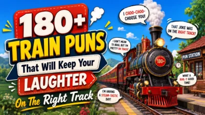 Funny train puns banner with cartoon steam train, railway station, and bold laughter on the right track text