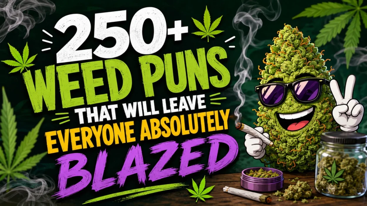 Funny weed puns banner with smiling cannabis character, smoke, leaves, and bold stoner humor text