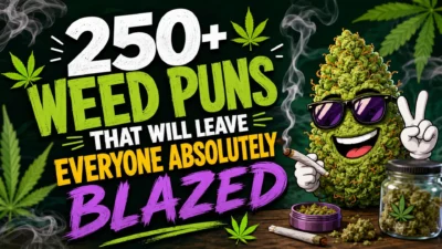 Funny weed puns banner with smiling cannabis character, smoke, leaves, and bold stoner humor text