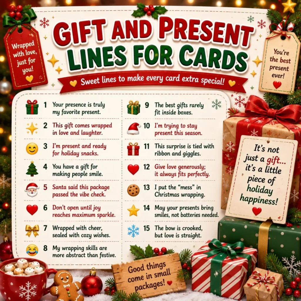Christmas gift lines poster with present sayings, wrapped boxes, holiday tags, snowflakes, and festive card ideas