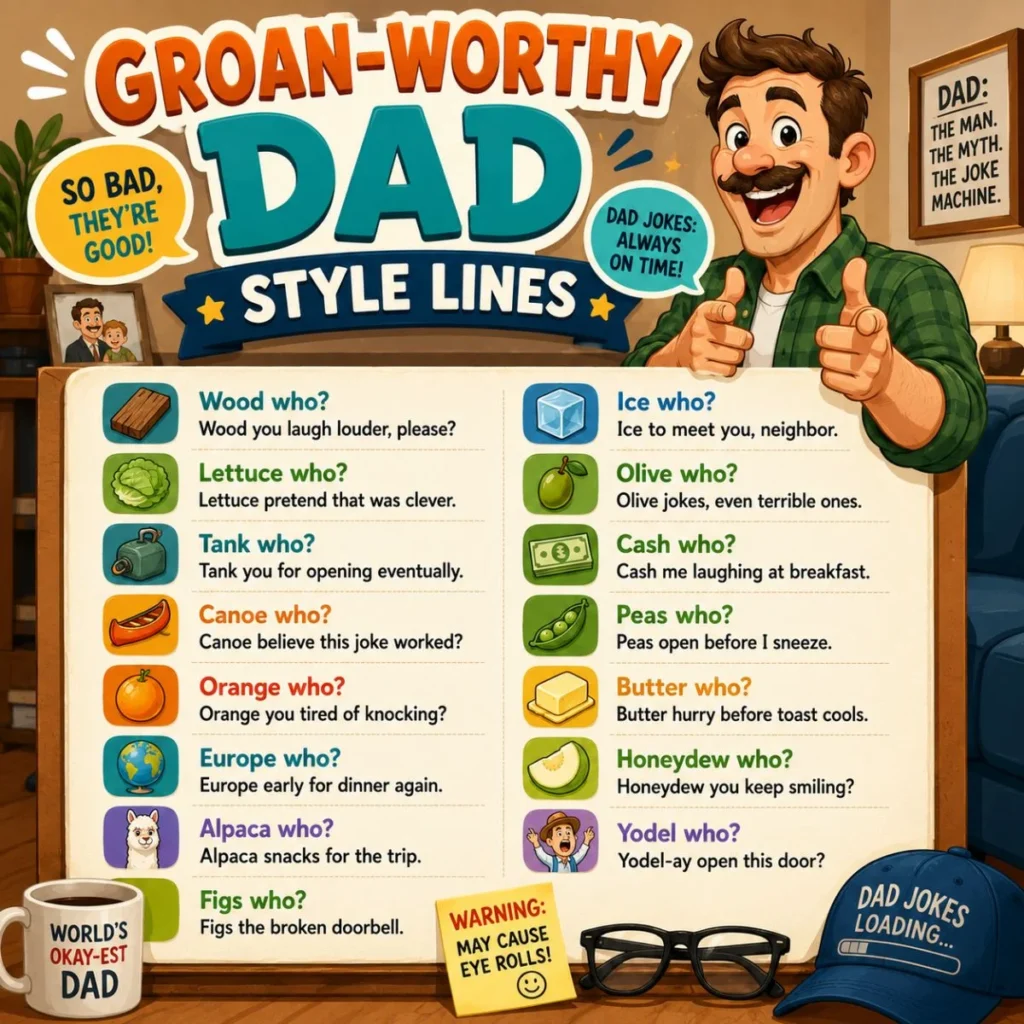 Groan-worthy dad jokes poster with funny puns, cartoon dad, and playful family humor