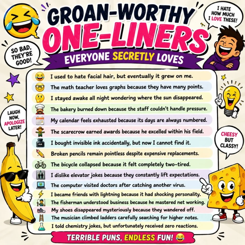 Groan-worthy one-liners infographic with funny puns, cartoon banana, cheese, emojis, and bold comic text