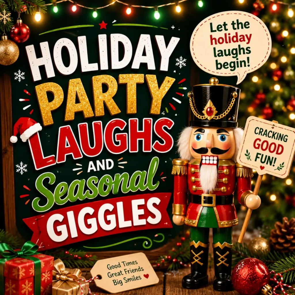 Holiday party laughs poster with nutcracker, Christmas lights, gifts, ornaments, and festive seasonal giggles