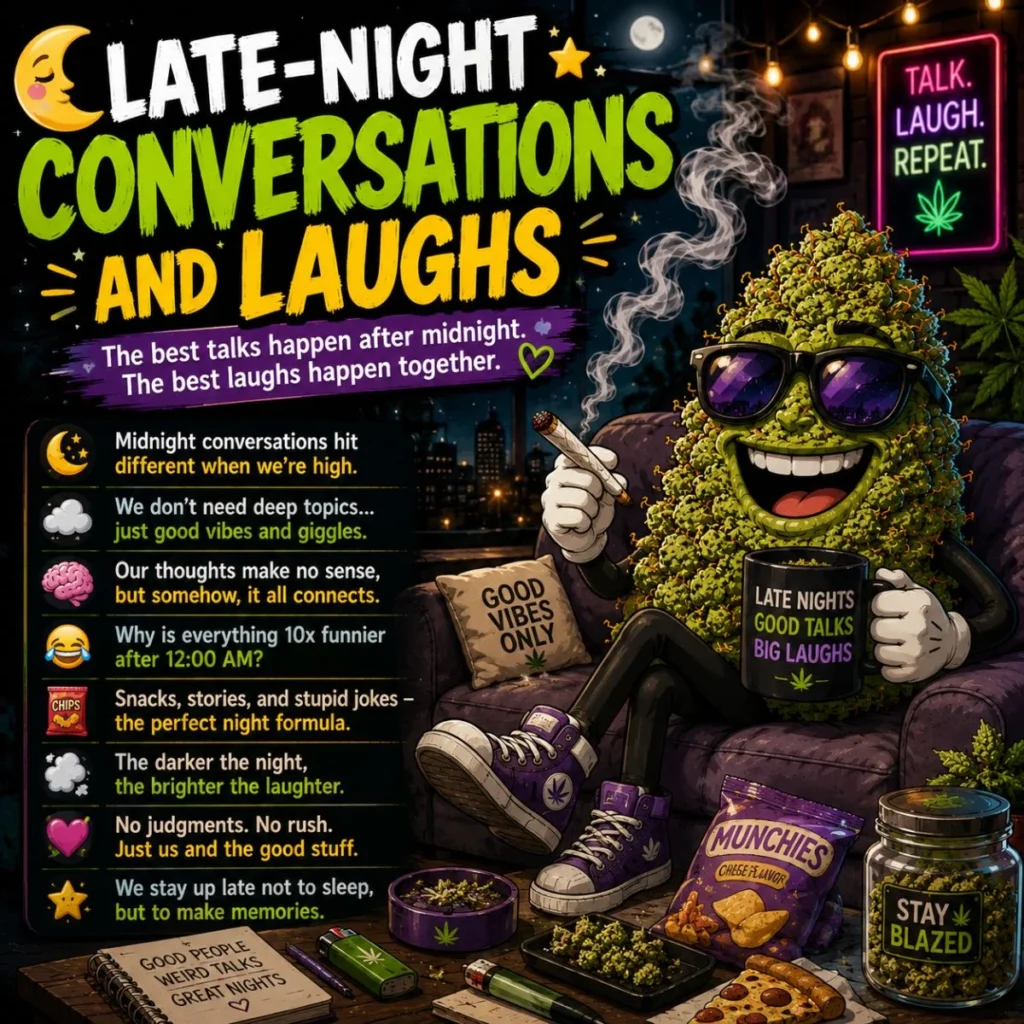 Late-night conversations and laughs poster with cartoon cannabis character, city lights, smoke, and stoner humor