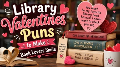 Library Valentines Puns poster with books, hearts, and romantic book lover quotes