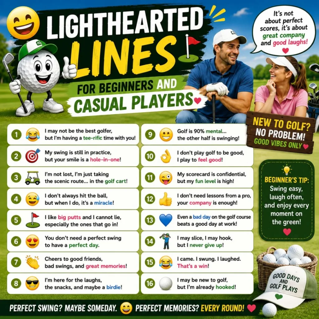 Lighthearted golf lines poster for beginners and casual players with funny golf jokes and cheerful golf course design