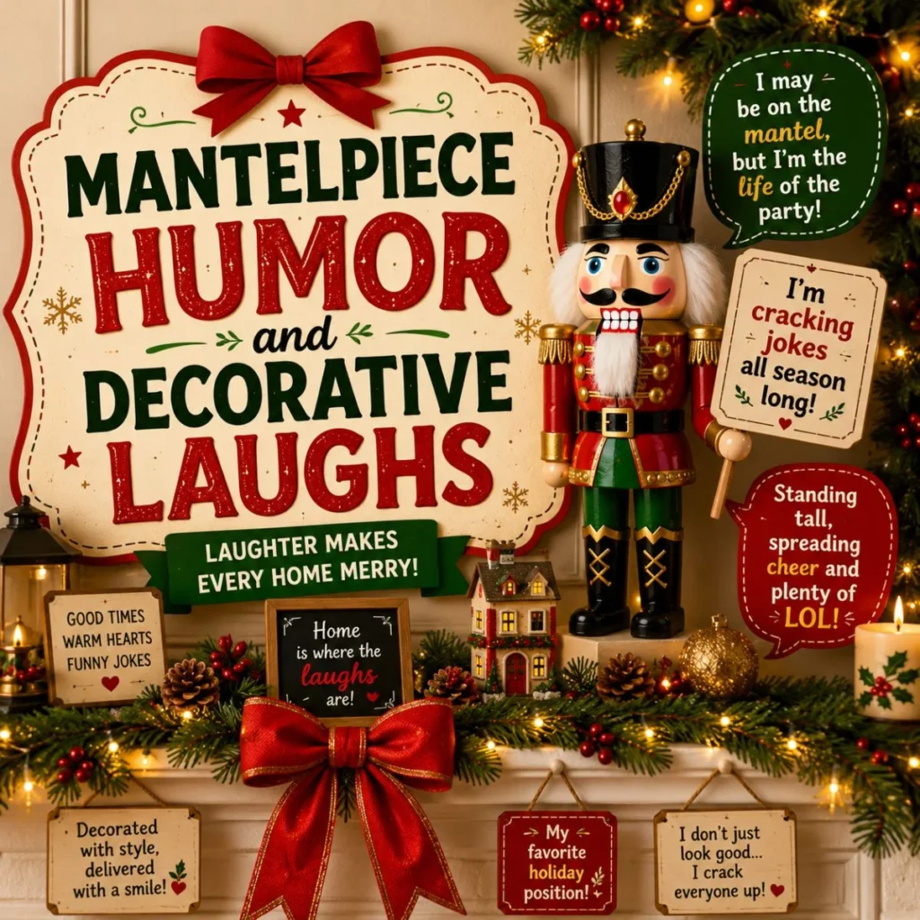 Mantelpiece humor image with nutcracker, Christmas decorations, festive signs, lights, and holiday laughs