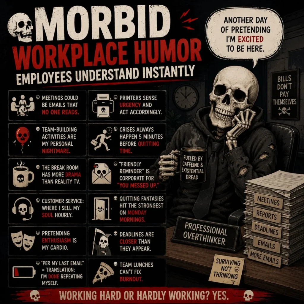Morbid workplace humor poster with skeleton, office jokes, burnout, meetings, and deadlines