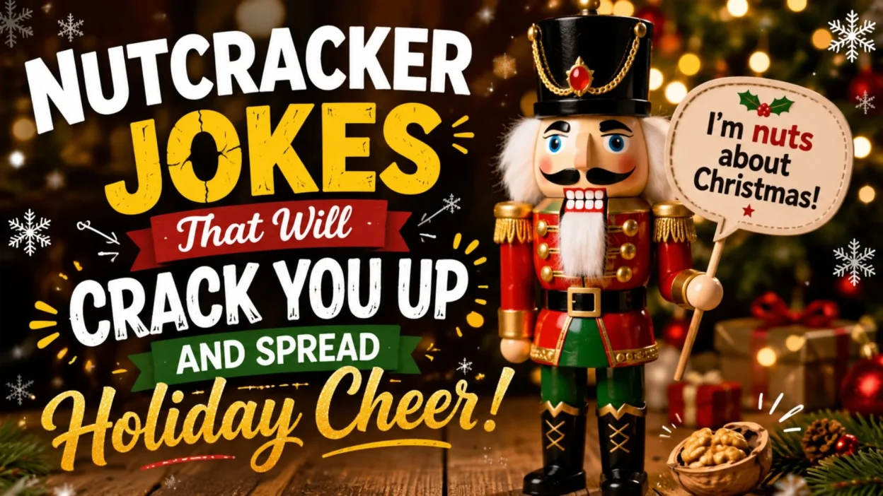 Festive nutcracker jokes banner with Christmas decor, holiday cheer text, snowflakes, and cheerful nutcracker