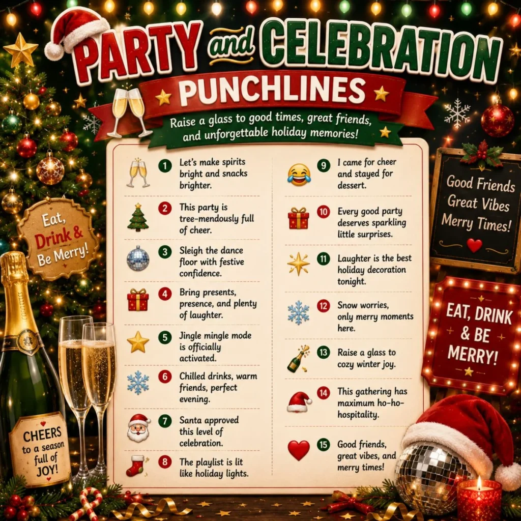 Christmas party punchlines poster with champagne glasses, festive jokes, tree, ornaments, lights, and holiday decor
