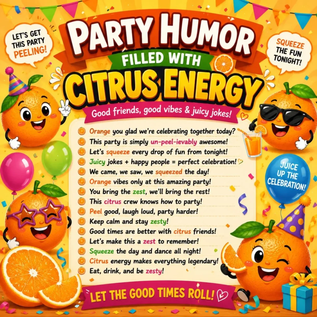 Party citrus humor poster with cartoon oranges, balloons, confetti, juice, and funny orange puns