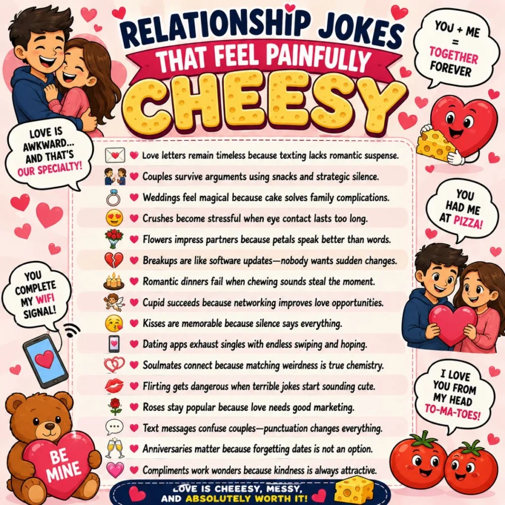 Relationship jokes infographic with cheesy love puns, cartoon couple, hearts, teddy bear, and romantic humor