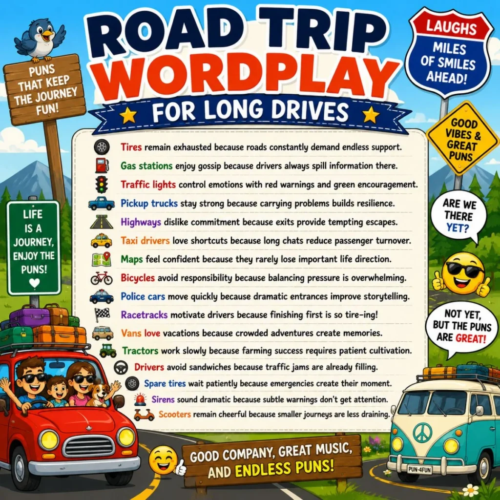 Road trip wordplay infographic with funny driving puns, cartoon cars, family travel, road signs, and bright design
