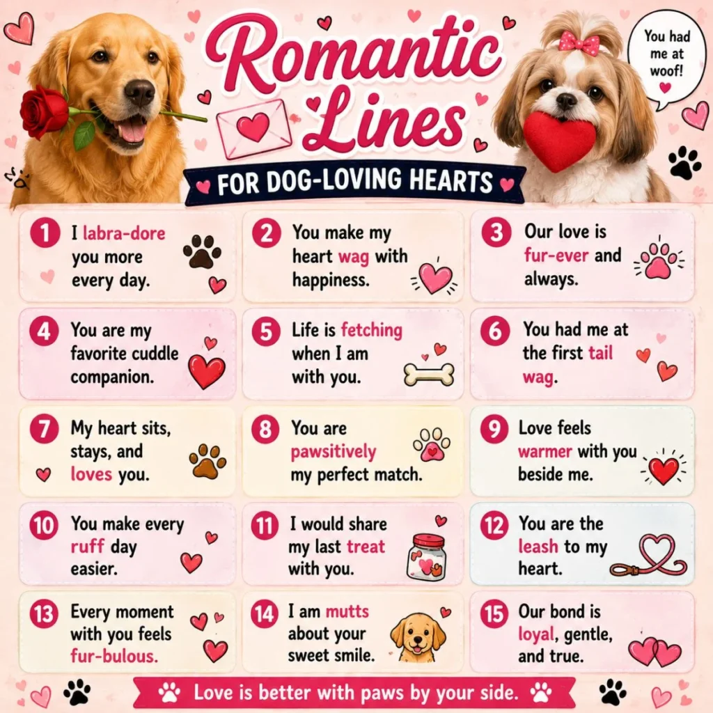 Romantic dog lover lines poster with cute dogs, hearts, paw prints, and sweet pet love puns