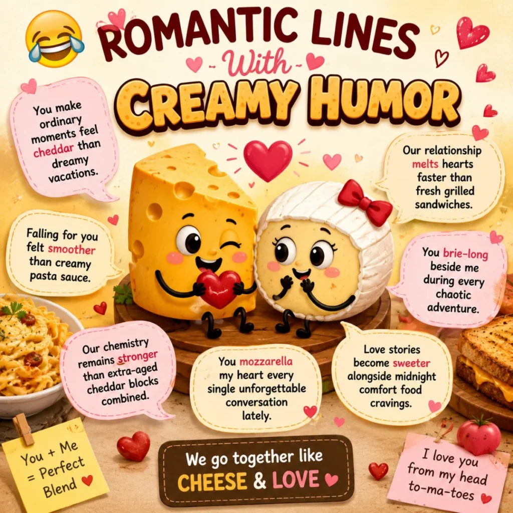 Cute cheese couple with romantic puns, hearts, and creamy humor cartoon illustration
