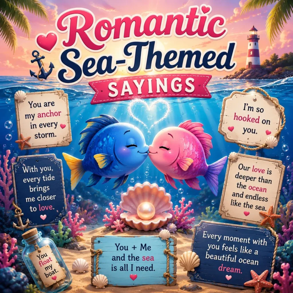 Romantic sea-themed image with cute kissing fish, ocean love quotes, and colorful underwater scenery