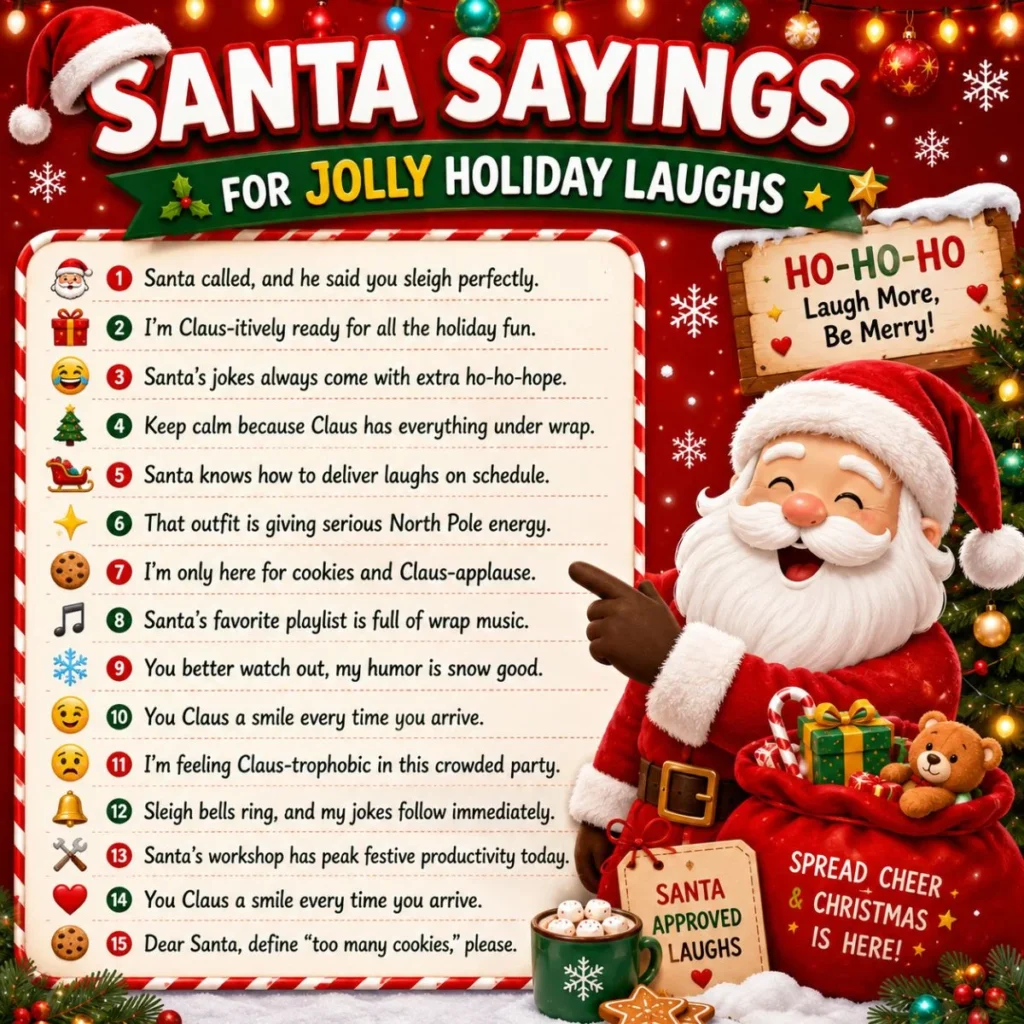 Santa sayings poster with funny holiday jokes, cheerful Santa, gifts, lights, cookies, and festive Christmas decor