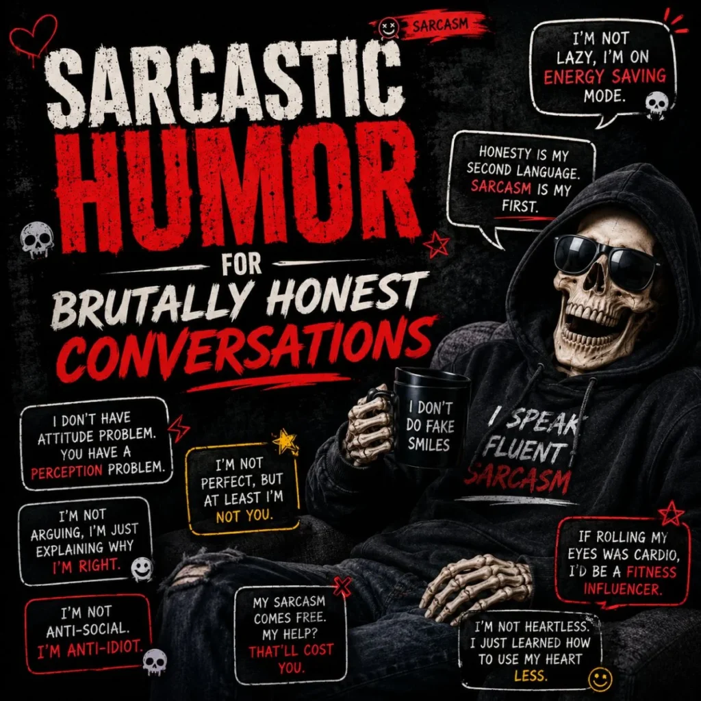 Sarcastic humor poster with laughing skeleton, coffee mug, and brutally honest quote bubbles