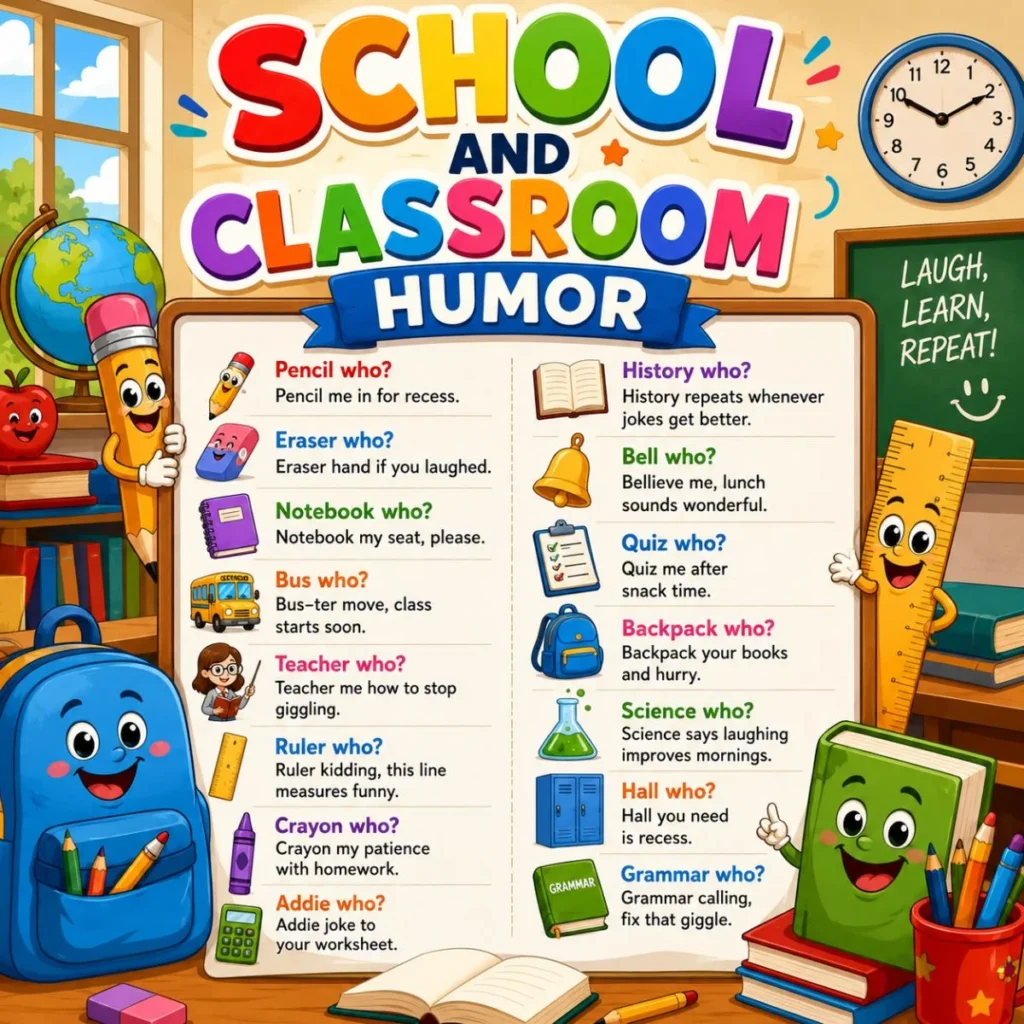 School and classroom humor poster with funny jokes, books, pencils, and cheerful cartoon supplies