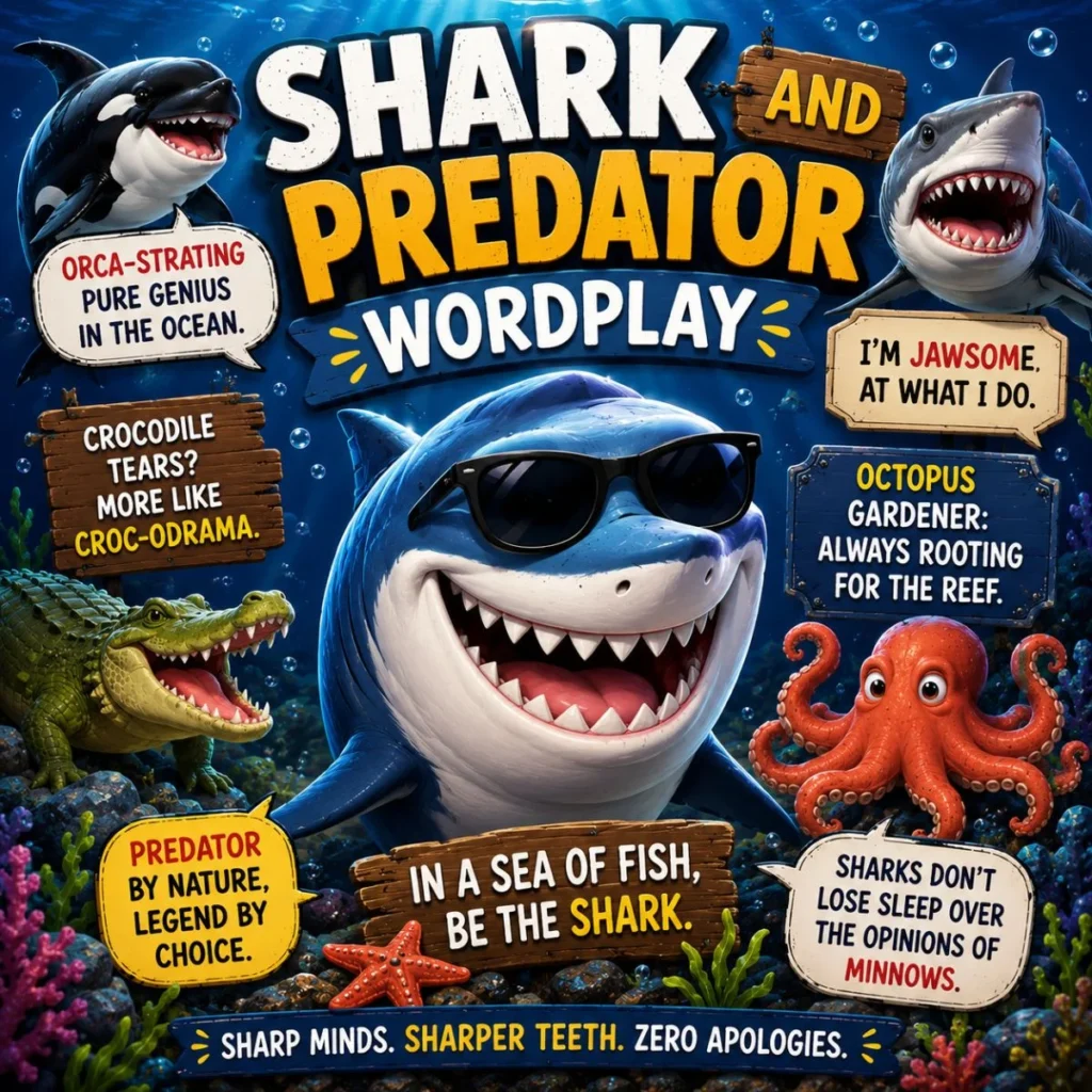 Funny shark and predator wordplay image with cartoon sea animals and ocean-themed jokes underwater