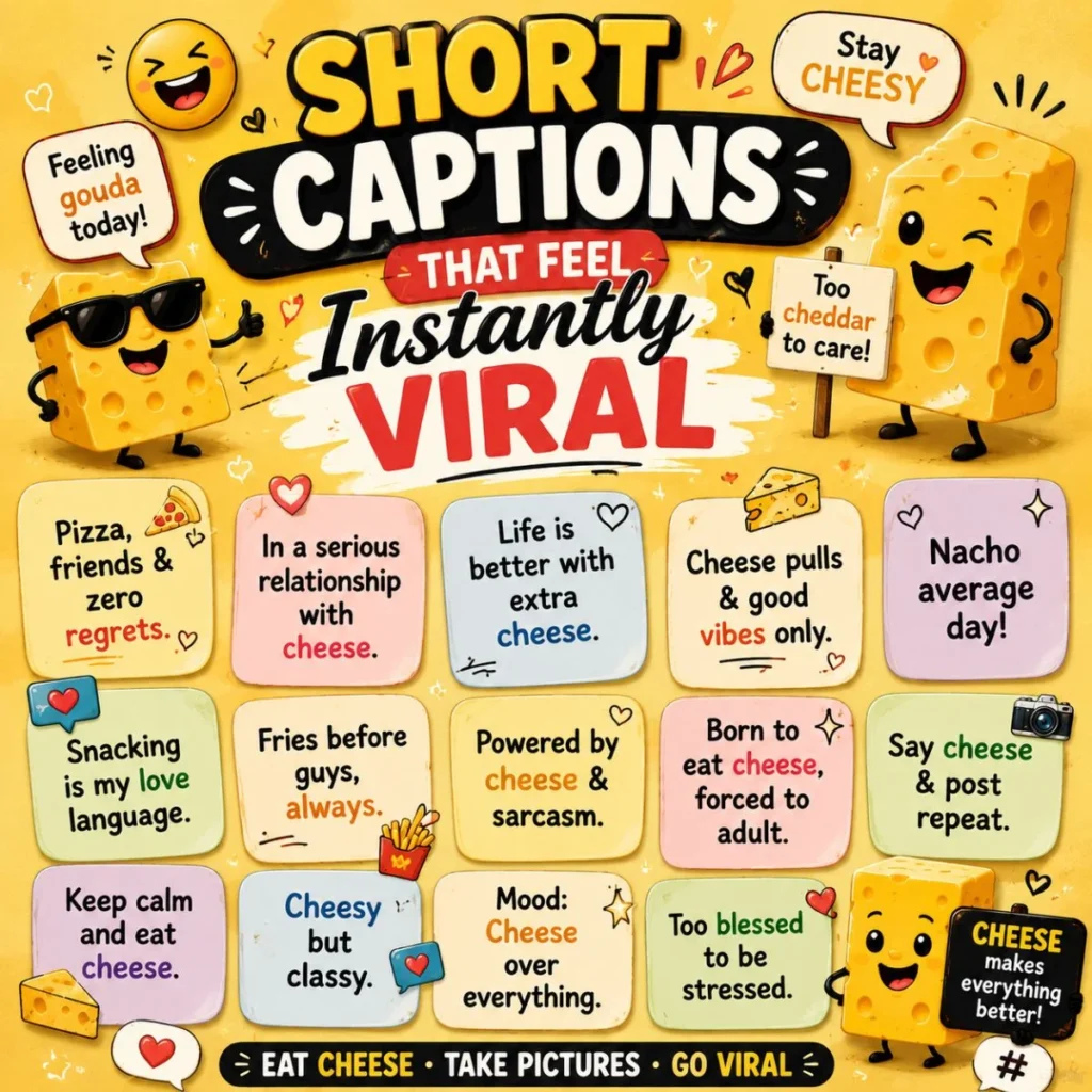 Funny cheese captions poster with viral social media quotes and cartoon cheese characters