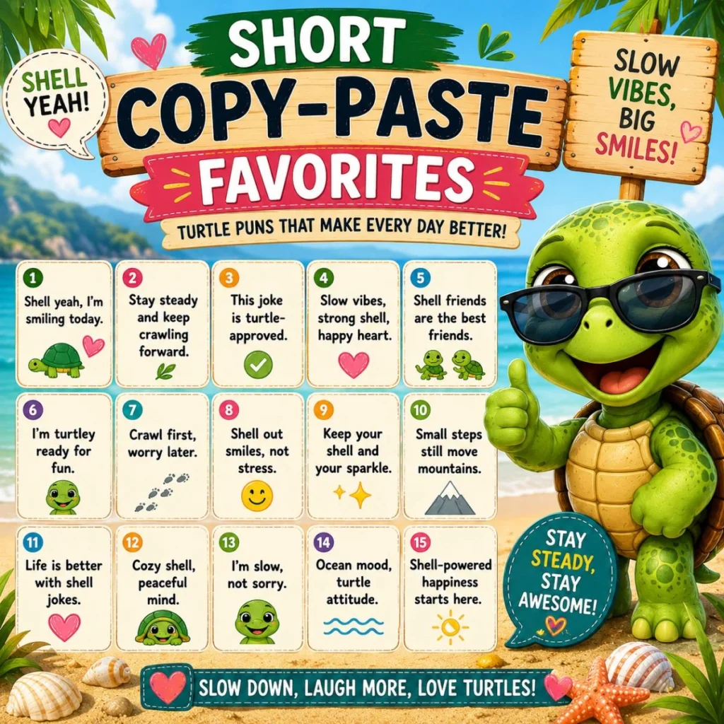 Short turtle puns poster with cute cartoon turtle, copy-paste quotes, and sunny beach design