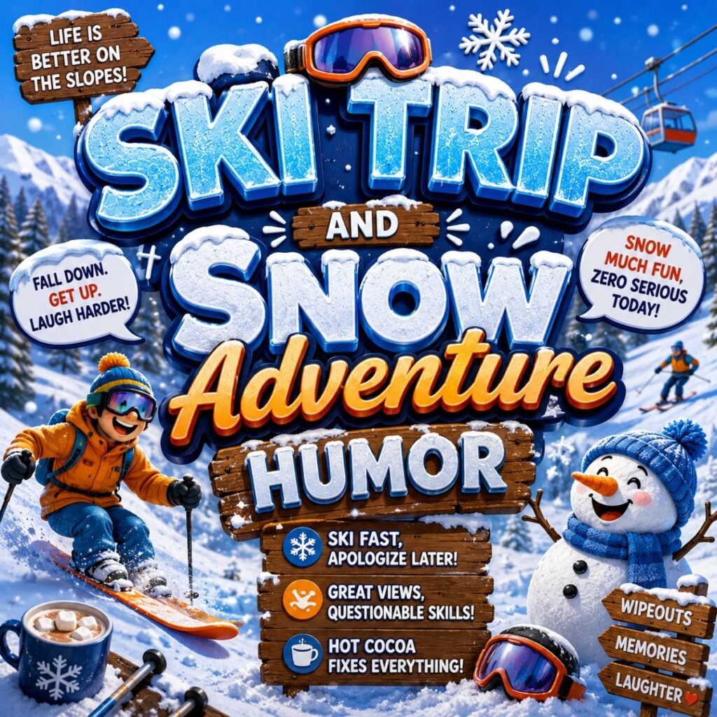 Ski trip snow adventure humor graphic with skier, snowman, snowy mountains, hot cocoa, and funny winter text