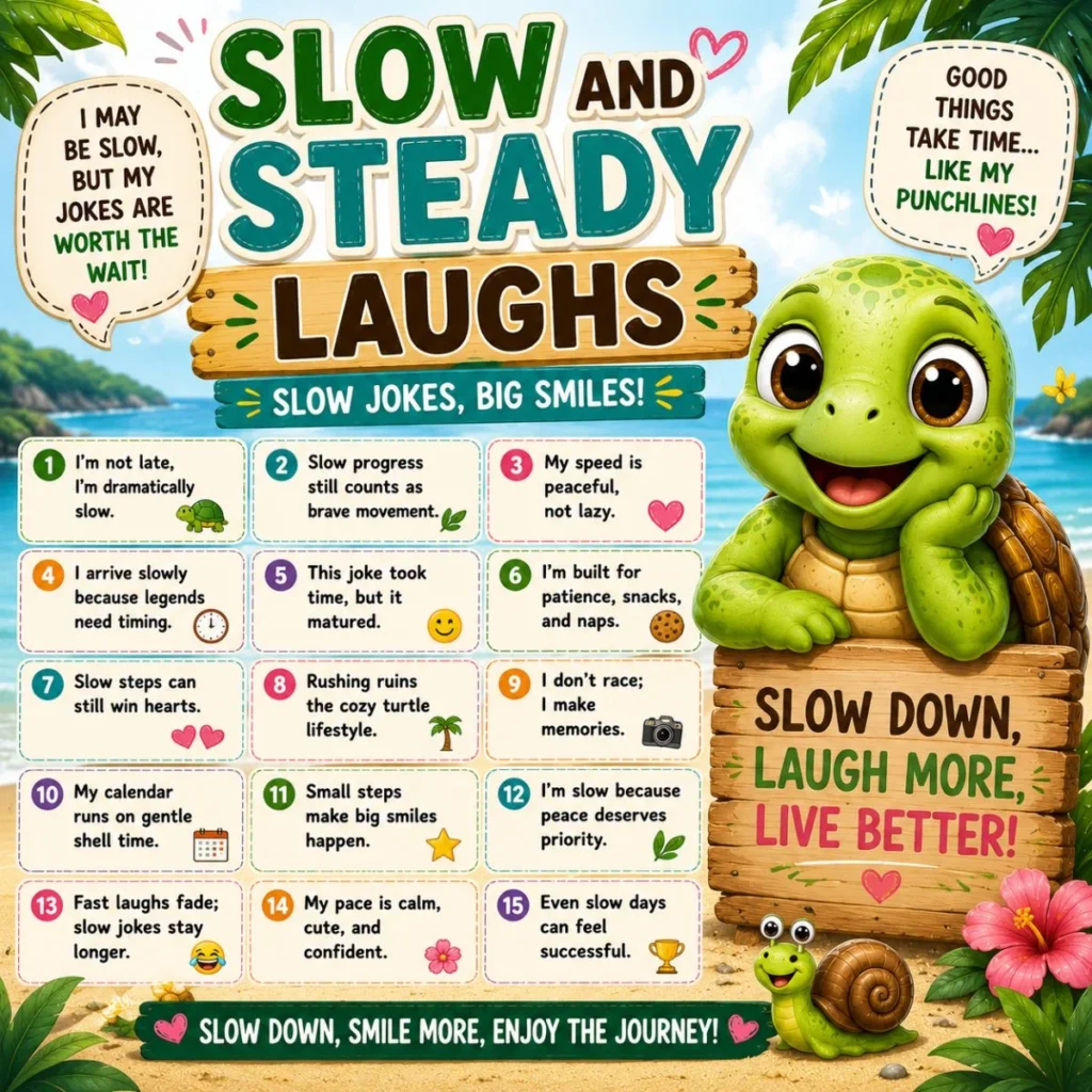 Slow and steady turtle puns poster with cute cartoon turtle, funny quotes, and beach background