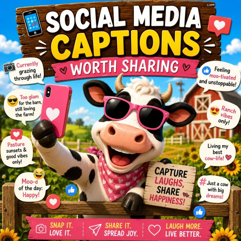 Social media captions poster with selfie cow, farm background, hearts, likes, and funny ranch quotes
