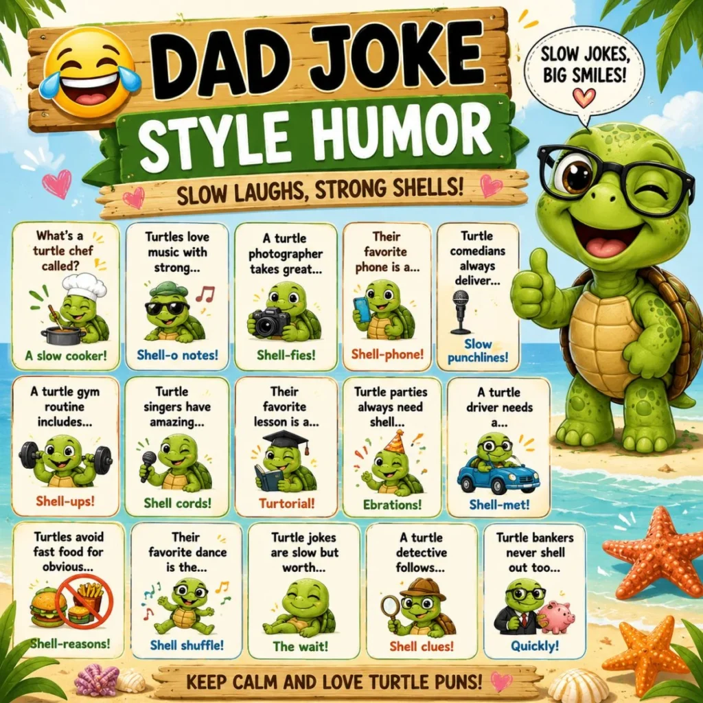 Turtle dad joke humor poster with funny shell puns, cute cartoon turtle, and beach background