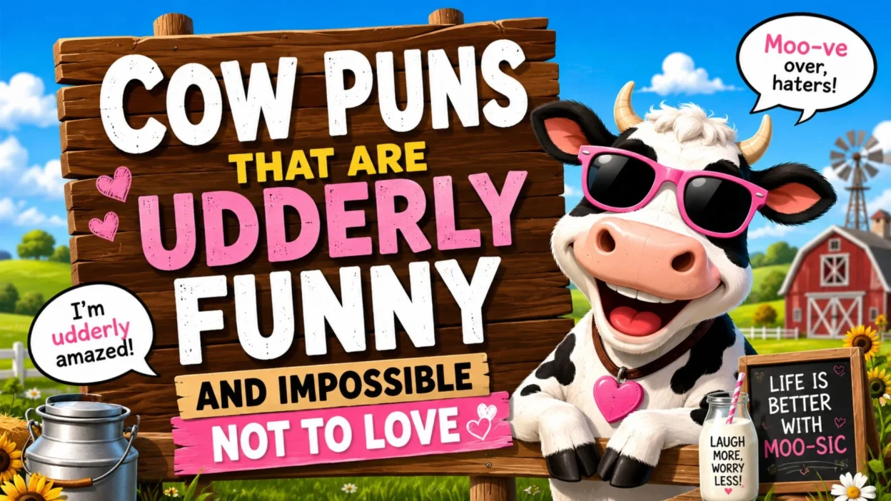 Funny cow puns poster with cartoon cow, barnyard scene, and udderly funny farm humor text