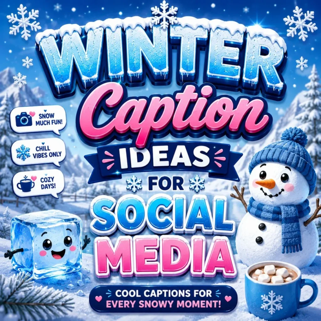 Winter caption ideas graphic with snowman, ice cube, hot cocoa, snowflakes, and social media text