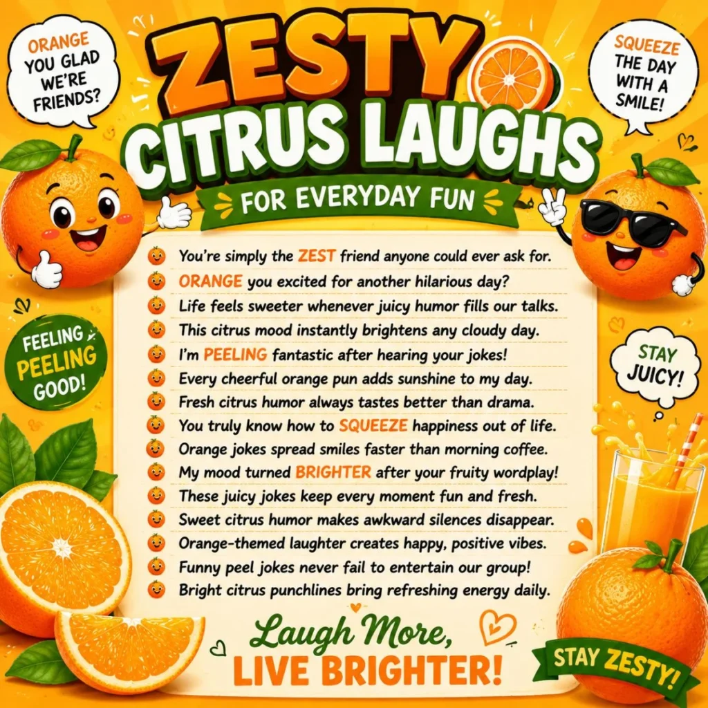 Zesty citrus laughs poster with cartoon oranges, orange slices, juice, and funny everyday fruit puns