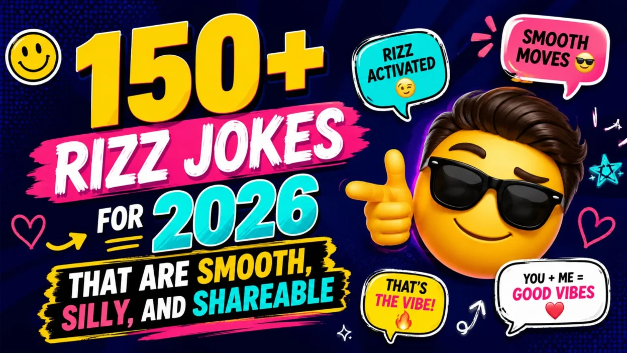 150+ rizz jokes 2026 thumbnail with sunglasses emoji, bold text, speech bubbles, and playful social humor