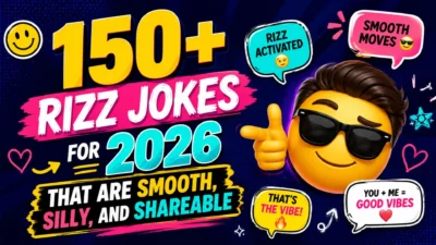150+ rizz jokes 2026 thumbnail with sunglasses emoji, bold text, speech bubbles, and playful social humor