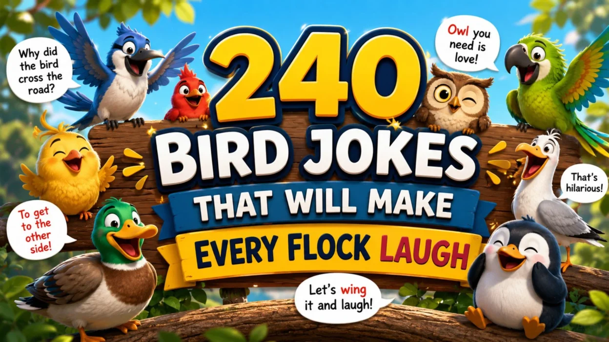 Colorful bird jokes cartoon banner with laughing birds, bold 240 text, and playful speech bubbles
