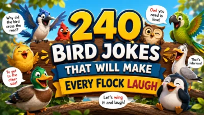 Colorful bird jokes cartoon banner with laughing birds, bold 240 text, and playful speech bubbles