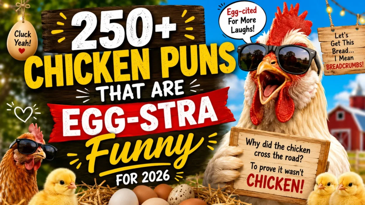 Funny chicken puns banner with cartoon chickens, eggs, and bold farm-style text