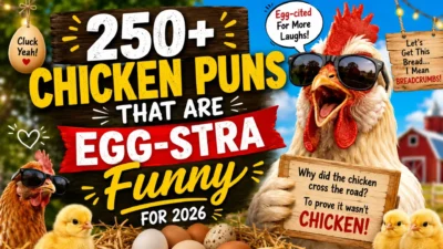 Funny chicken puns banner with cartoon chickens, eggs, and bold farm-style text
