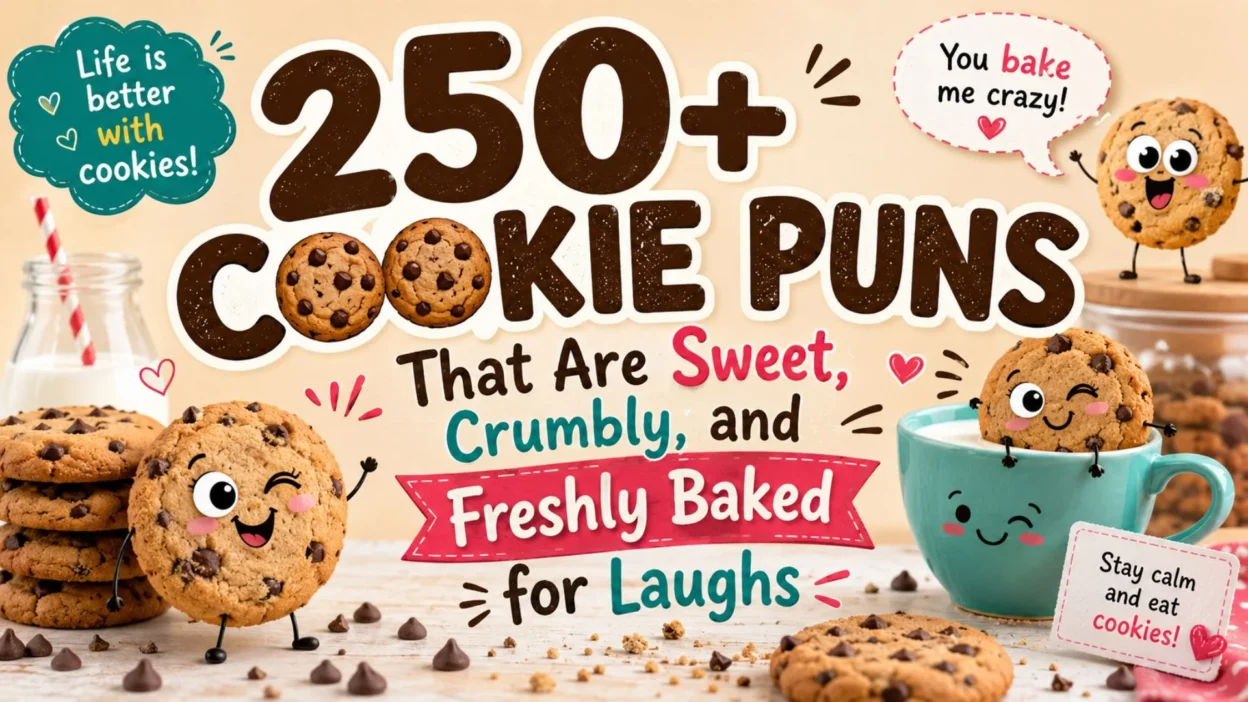250+ cookie puns graphic with cute cookies, milk, and playful bakery-style text