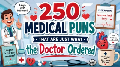 Cartoon doctor and smiling heart with 250 medical puns for clean healthcare humor