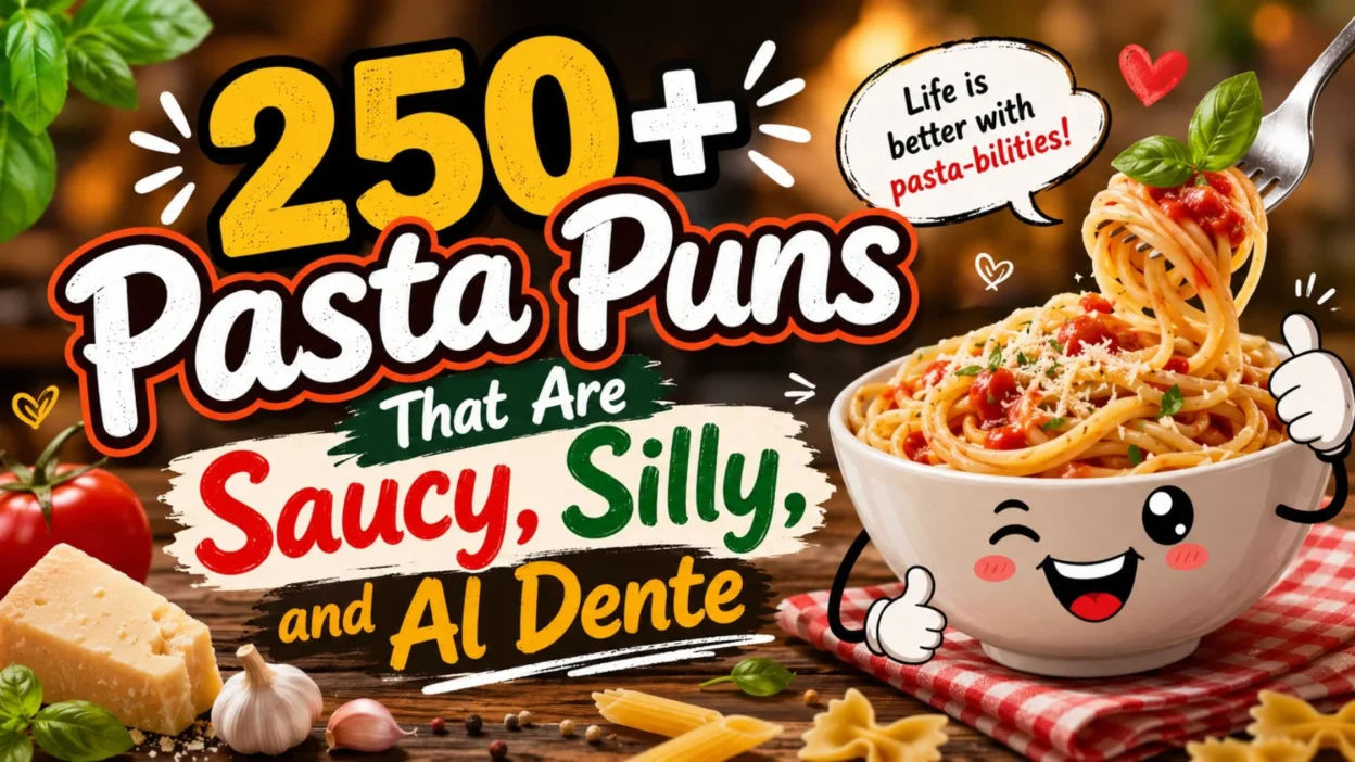 250+ pasta puns graphic with spaghetti bowl, tomatoes, cheese, garlic, and playful food typography