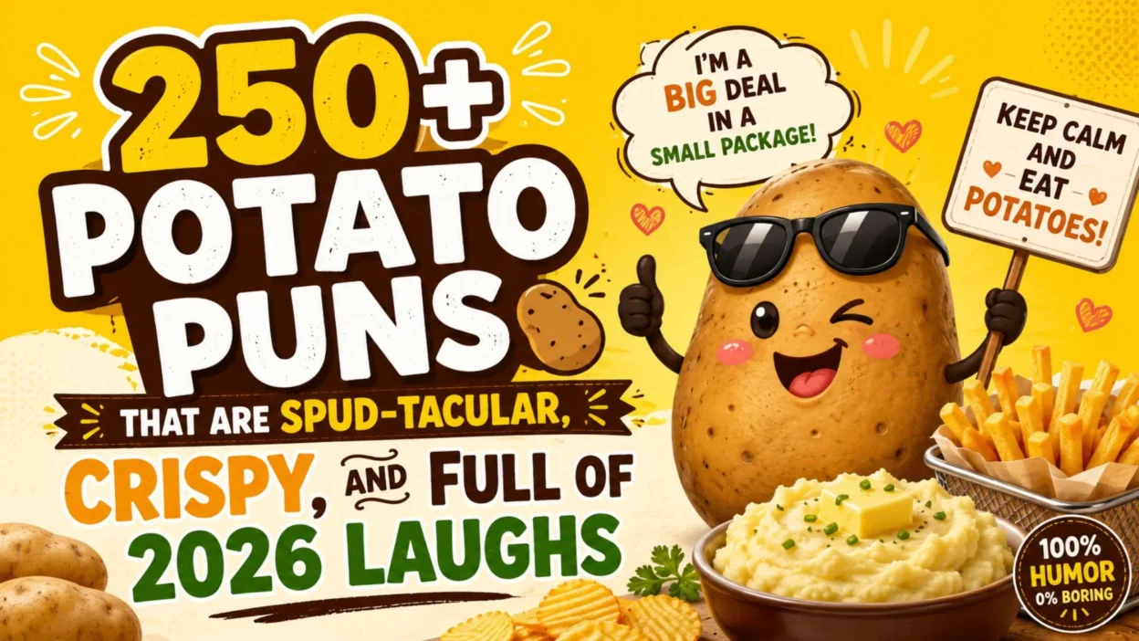 Funny potato puns image with cartoon potato, fries, mash, and bold 2026 humor text