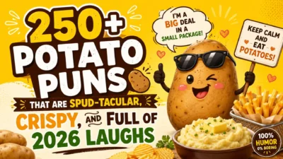Funny potato puns image with cartoon potato, fries, mash, and bold 2026 humor text